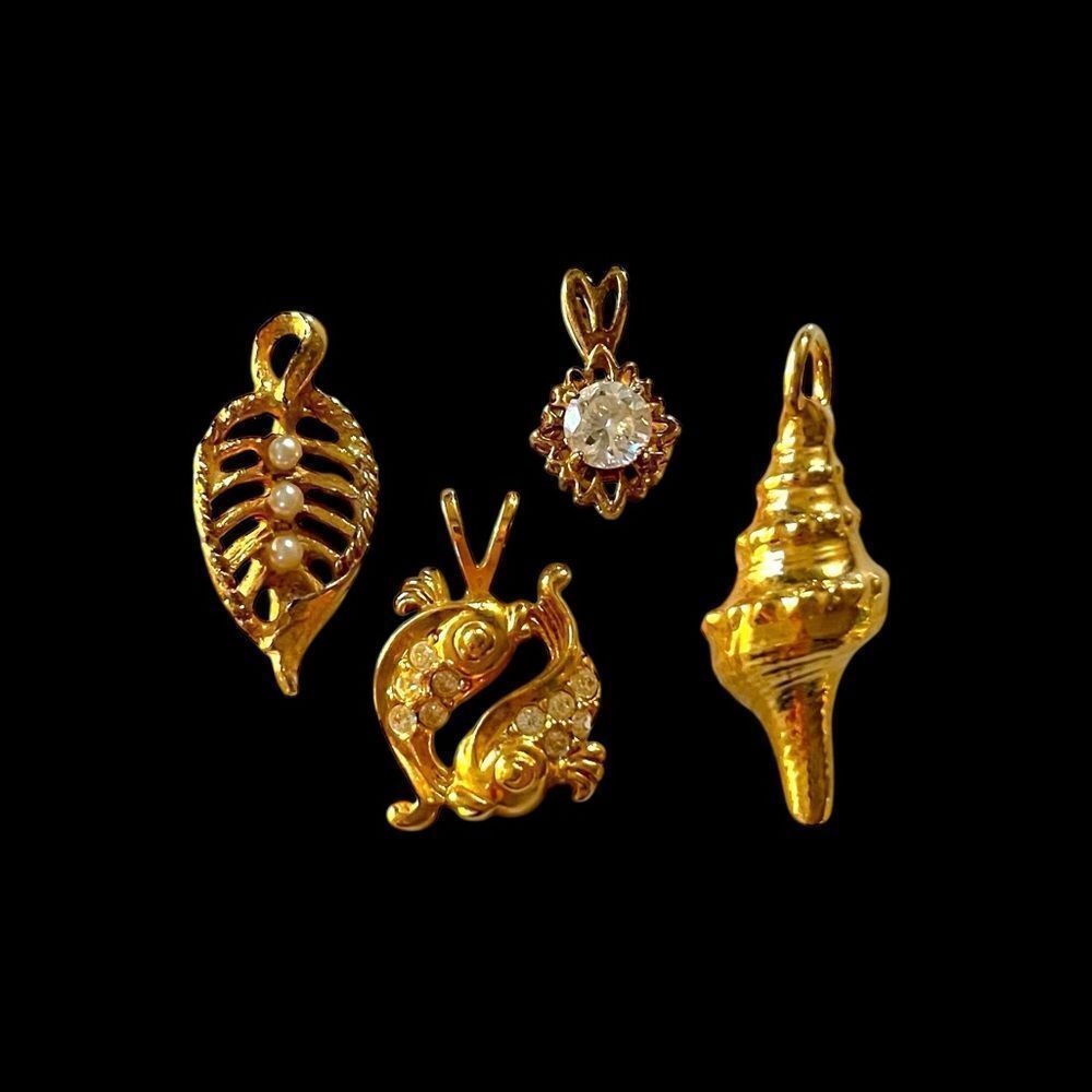 Gold Necklace Pendants Fish Rhinestone, Faux Pearl, Seashell